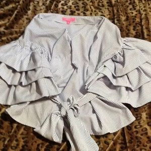 White with Blue Stripes Ruffle Sleeve